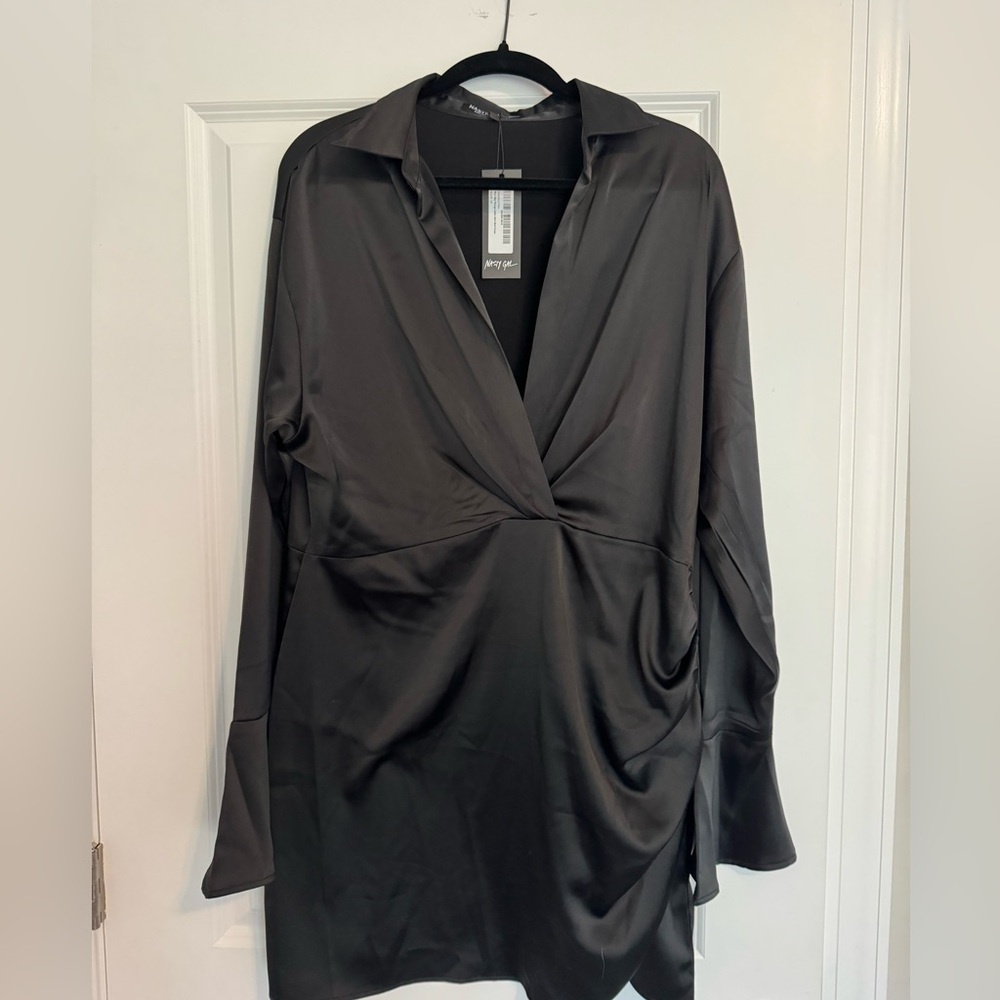 Plunge Satin Mini Shirt Dress- Size 14 -NASTY GAL NWT